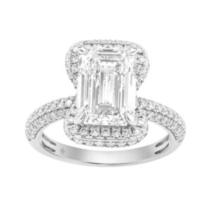 14K White Gold 4 1/2Ct Ladies Emerald Cut Halo Engagement Ring 4Ct Emerald Center Stone & Round Diamond (Color F-G -Clarity Vs1/Vs2)