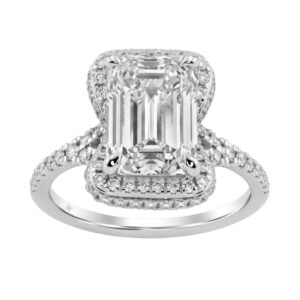 14K White Gold 4 1/2Ct Ladies Emerald-Cut Halo Engagement Ring 4Ct Emerald Center Stone & Round Diamond (Color F-G -Clarity Vs1/Vs2)