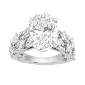14K White Gold 6 1/4Ct Diamond Engagement Ring For Women 5Ct Oval Center Stone With Pear,& Round Side Stones, Luxury Bridal Ring (Color F-G -Clarity V