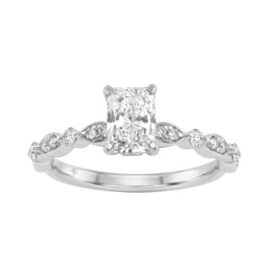 14K White Gold Radiant Cut Diamond Ladies Engagement Ring 1 1/4Ct With 1.00 Ct Center & Round Side Diamonds 1Ct Radiant Center Stone (Color F-G -