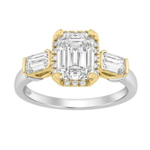14K White/Yellow Gold 2 3/4Ct Round & Emerald Cut Lab-Grown Diamond Three-Stone Ladies Engagement Bridal Ring 2Ct Emerald Center Stone (Color F-G -Cla
