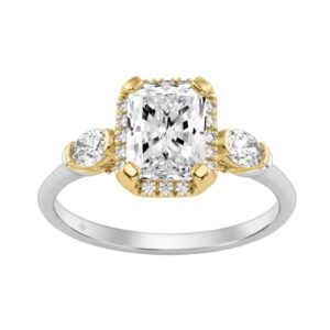 14K White/Yellow Gold Diamond Halo Engagement Ring 2 1/2Ct Radiant, Round & Oval Three-Stone For Women 2Ct Radiant Center Stone (Color F-G -Clarity Vs