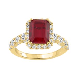 14K Yellow Gold 3 1/2Ct Emerald Cut Ruby & Diamond Halo Engagement Ring 2 1/2Ct Ruby Emerald Center Stone Ladies Bridal Ring (Color F-G -Clarity Vs1/V