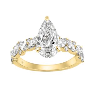 14K Yellow Gold 3.00 Ct Diamond Halo Engagement Ring For Women Elongated 2Ct Pear Cut Center Stone With Round & Marquise Side Stones, Luxury Brida