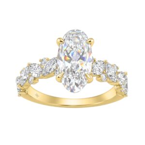 14K Yellow Gold 3.00Ct Diamond Engagement Ring For Women 2.00Ct Elongated Oval Center Stone With Marquise & Round Side Stones, Luxury Bridal Ring (Col