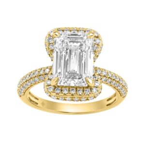14K Yellow Gold 4 1/2Ct Ladies Emerald Cut Halo Engagement Ring 4Ct Emerald Center Stone & Round Diamond (Color F-G -Clarity Vs1/Vs2)