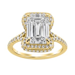 14K Yellow Gold 4 1/2Ct Ladies Emerald-Cut Halo Engagement Ring 4Ct Emerald Center Stone & Round Diamond (Color F-G -Clarity Vs1/Vs2)