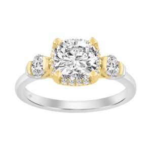 2 1/2 Ct Cushion Cut Lab-Grown Diamond Ladies Engagement Ring In 14K White/Yellow Gold Three-Stone With Round Side Stone & Oval 2Ct Cushion Center Sto