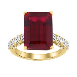 Ladies 14K Yellow Gold 4 1/2Ct Ruby & Round Lab-Grown Diamond Ring 3 1/2Ct Emerald Cut Ruby Center Stone (Color F-G -Clarity Vs1/Vs2)