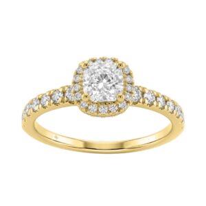 Ladies 14K Yellow Gold Engagement Ring With 1 1/4Ct Round & Cushion Lab-Grown Diamonds Fine Jewelry 3/4Ct Cushion Center Stone (Color F-G -Clarity Vs1