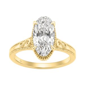 LADIES 14K Yellow Gold 2 1/6Ct Diamond Engagement Ring Elongated Oval Cut Center With Round Side Stones, Elegant Fine Ring 2Ct Oval Center Stone (Colo