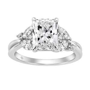 14K White Gold Ladies Lab-Grown Brown Diamond Ladies Engagement Ring 3 1/2Ct Radiant, Round & Marquise With Side Marquise Accents 3Ct Radiant Cent