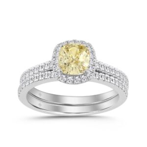 14K WHITE GOLD 1 1/2CT YELLOW CUSHION/ROUND DIAMOND LADIES BRIDAL SET (CENTER STONE YELLOW CUSHION DIAMOND 1/10CT)