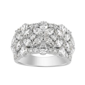 14K White Gold 3.00Ct Mixed Shape Diamond Cluster Ring Round, Marquise & Pear Floral Inspired Ladies Ring (Color F-G -Clarity Vs1/Vs2)