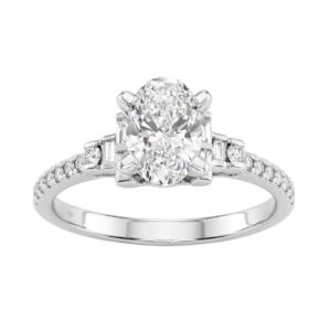 14K White Gold Lab Grown Emerald Cut Diamond Ladies Engagement Ring 1 1/4Ct With Round & Baguette Side Stones 1Ct Oval Center Stone (Color F-G -Cl