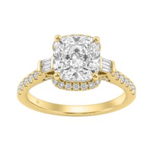 14K Yellow Gold 3 1/2Ct Cushion Cut & Baguette Lab Grown Diamond Halo Ring Round Side Stone Ladies Bridal Engagement Ring 3Ct Cushion Center Stone (Co