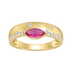 14K Yellow Gold Pink Sapphire & Round Diamond Ladies Ring 1/5Ct Round & Marquise Cut Fashion Ring, Marquise Pink Ruby Style Engagement Ring (Color F-G