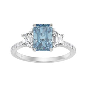 14K White Gold 2 1/4 Ct RADIANT Cut Blue Diamond & Trapezoid/Round Diamond Ring RADIANT Blue 1 1/2Ct Center Stone For Women Engagement Ring, Fine