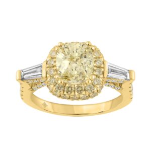 14K YELLOW GOLD 3 1/2CT ROUND/CUSHION/BAGUETTE DIAMOND LADIES RING (CENTER STONE YELLOW CUSHION DIAMOND 2CT)