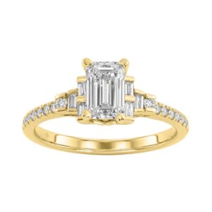 14K Yellow Gold Lab Grown Emerald Cut Diamond Ladies Engagement Ring 1 1/4Ct With Round & Baguette Side Stones 1Ct Emerald Center Stone (Color F-G