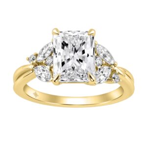 14K Yellow Gold Ladies Lab-Grown Brown Diamond Ladies Engagement Ring 3 1/2Ct Radiant, Round & Marquise With Side Marquise Accents 3Ct Radiant Cen