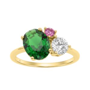 Elegant 14K Yellow Gold Diamond, Emerald Oval & Pink Sapphire Ring For Women 3 1/6Ct Round & Oval Cut Multi-Stone Ladies Jewelry (Color F-G -Clarity V