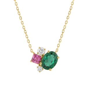 Elegant 14K Yellow Gold Diamond, Green Emerald Oval & Princess Pink Sapphire Fashion Necklace 1 3/4Ct Round Diamond Cut Fine Jewelry (Color F-G -Clari