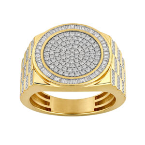 Men’S 1.00Ct Round Diamond Cluster Ring In 10K Yellow Gold With Baguette Halo Ring