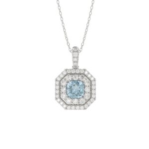 14K WHITE GOLD CRAFTED WITH 18K YELLOW GOLD BACK PLATE 1 1/2CT ROUND/BLUE CUSHION DIAMOND LADIES PENDANT WITH CHAIN