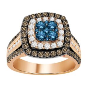 Luxury 14K Rose Gold Ladies Ring with Blue, Round White & Dark Brown Diamonds - 1.50 CT