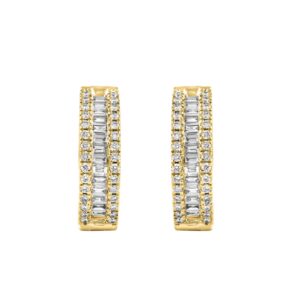 LADIES HOOP EARRINGS  1/2CT ROUND/BAGUETTE DIAMOND 14K YELLOW GOLD