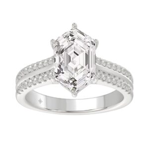 14K WHITE GOLD 3 1/4CT ROUND/HEXAGON DIAMOND LADIES RING (CENTER STONE HEXAGON STEP CUT DIAMOND 3CT