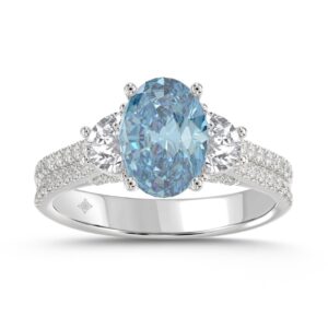 14K WHITE GOLD 3.00CT ROUND/OVAL/HALF MOON DIAMOND LADIES RING (CENTER STONE BLUE OVAL DIAMOND 2CT)