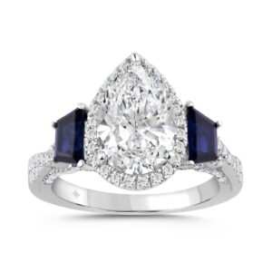 14K WHITE GOLD 3.00CT ROUND/PEAR/BLUE SAPPHIRE TRAPEZOID DIAMOND LADIES RING (CENTER STONE PEAR DIAMOND 2 1/2CT)