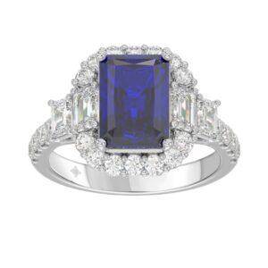 14K WHITE GOLD 4 1/2CT ROUND/EMERALD DIAMOND LADIES RING (CENTER STONE EMERALD BLUE SAPPHIRE DIAMOND 3CT)