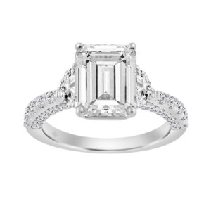 14K WHITE GOLD 4.00CT ROUND/EMERALD/HALF MOON DIAMOND LADIES RING (CENTER STONE EMERALD DIAMOND 3CT)