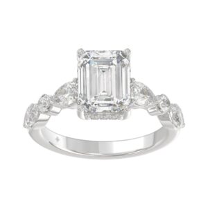 14K White Gold Emerald Cut Diamond Classic Bridal Ring for Ladies 4.00CT with Pear Round & Marquise Diamond 3.00CT Emerald Center stone (Color F-G