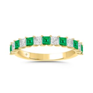 14K Yellow Gold 1.00 CT Princess Green Emerald & White Diamond Alternating Band Ring
