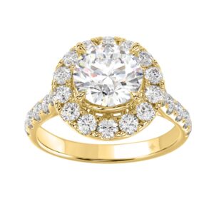 14K Yellow Gold 2 1/2Ct Round Lab Grown Diamond Halo Engagement Ring 1 1/2Ct Round Center Stone (Color F-G Clarity Vs1/Vs2)