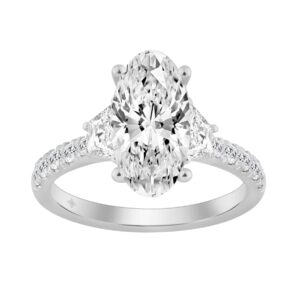 2 3/4Ct White Gold  Oval Cut 14K Three-Stone Engagement Ring & Round With Trapezoid Side Stones 2.00Ct Oval Center Stone (Color F-G -Clarity Vs1/V