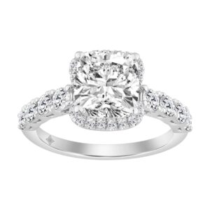 Elegance Ladies 3 3/4CT Round/Cushion Lab Grown Diamond Bridal Ring 14K White Gold Ladies Engagement Ring with 3.00CT Cushion Center stone (Color F-G