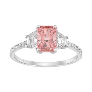 Ladies 14K White Gold 1 1/2CT Round/Trapezoid/Radiant Lab-Grown Diamond Ladies Fashion Ring 1.00CT Pink Radiant Center stone (Color F-G -Clarity VS1/V