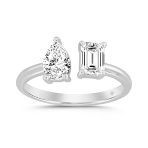 LADIES RING 1CT EMERALD/PEAR DIAMOND 14K WHITE GOLD