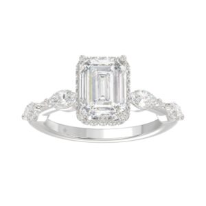 LADIES RING 3 1/2CT ROUND/MARQUISE/EMERALD DIAMOND 14K WHITE GOLD (CENTER STONE EMERALD DIAMOND 3.00CT)