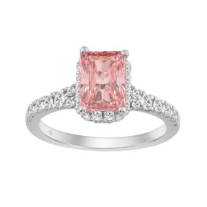 Luxury 14K White Gold Round & Radiant Pink Diamond Halo Engagement Ring 2 1/5CTCT with 1 1/2CT Radiant Cut Pink Center Stone (Color F-G  Clarity V