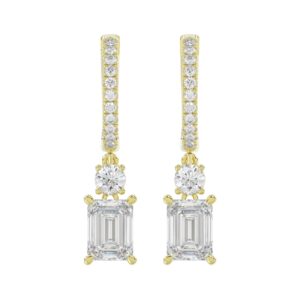 LADIES EARRINGS 2 1/2CT ROUND/EMERALD DIAMOND 14K YELLOW GOLD