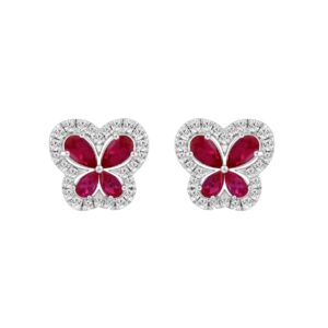 14K WHITE GOLD 1 1/2CT ROUND/RUBY DIAMOND LADIES EARRINGS (PEAR RUBY DIAMOND 8 STONE)