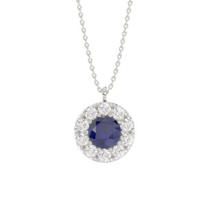 14K WHITE GOLD 1.00CT ROUND/BLUE SAPPHIRE ROUND LADIES PENDANT (BLUE SAPPHIRE ROUND DIAMOND 5/8CT)