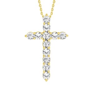 LADIES CROSS PENDANT WITH CHAIN 1CT ROUND DIAMOND 14K YELLOW GOLD