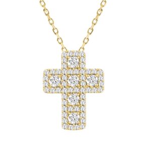 LADIES CROSS PENDANT WITH CHAIN 2 1/2CT ROUND DIAMOND 14K YELLOW GOLD